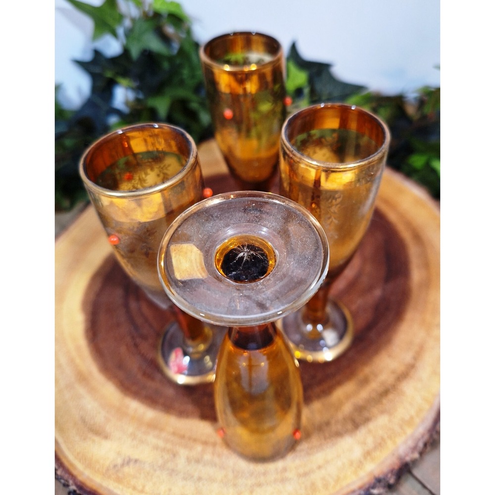 Very Rare Set of 4 Vintage Gold and Beaded Stem Cordial Liqueur glasses Carnival - Picture 4 of 10